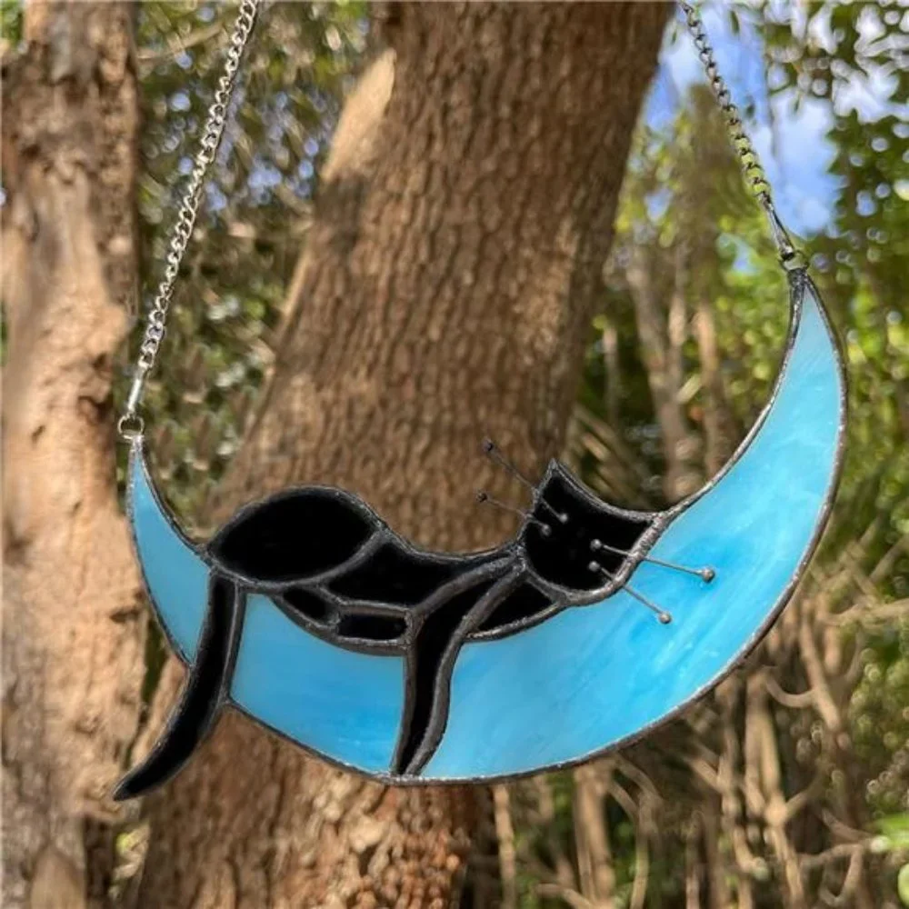 Stained Glass Cat on Moon, Sleeping Cat, Handcrafted Black Cat Suncatchers - Picture 5 of 6